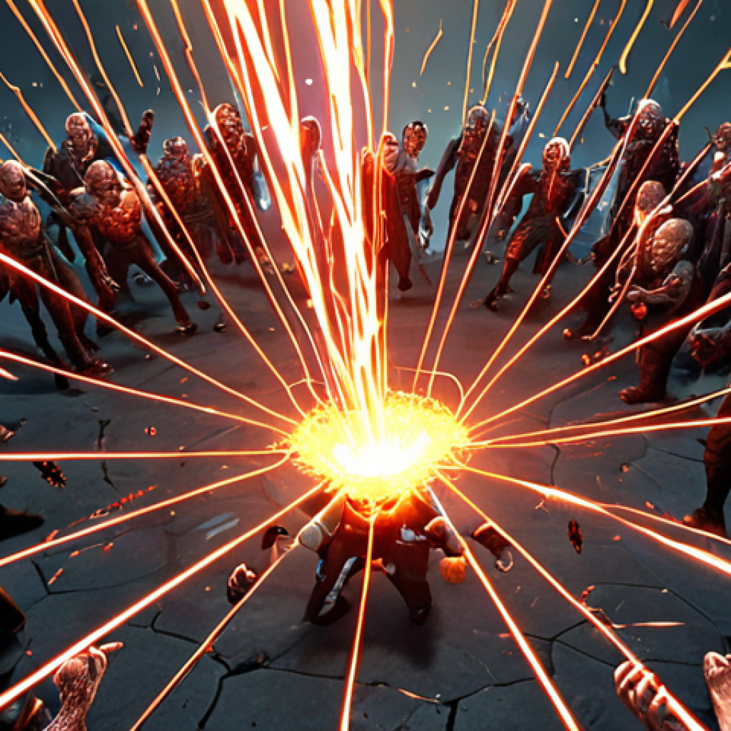 **Prompt 1: Dynamic Skill Combination Action**
    A vibrant, top-down view of a heroic character in a mobile action game, surrounded by a massive horde of diverse zombies and monsters. The character is simultaneously unleashing a visually explosive combination of unique skills: a swirling black hole pulling enemies in, interconnected lightning chains arcing across the screen, multiple automated drones firing intensely, and soccer balls bouncing aggressively. The scene is full of dynamic special effects, particle trails, and chaotic energy, illustrating overwhelming crowd control and clearing power. Game screen aesthetic, high-octane action, emphasizing visual synergy.