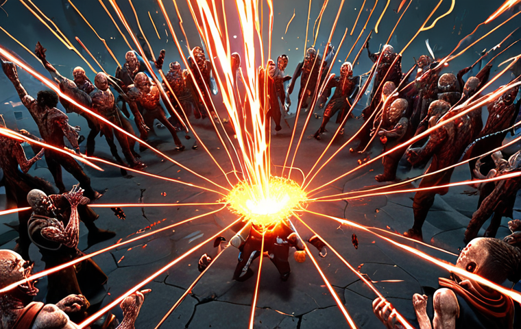 **Prompt 1: Dynamic Skill Combination Action**
    A vibrant, top-down view of a heroic character in a mobile action game, surrounded by a massive horde of diverse zombies and monsters. The character is simultaneously unleashing a visually explosive combination of unique skills: a swirling black hole pulling enemies in, interconnected lightning chains arcing across the screen, multiple automated drones firing intensely, and soccer balls bouncing aggressively. The scene is full of dynamic special effects, particle trails, and chaotic energy, illustrating overwhelming crowd control and clearing power. Game screen aesthetic, high-octane action, emphasizing visual synergy.