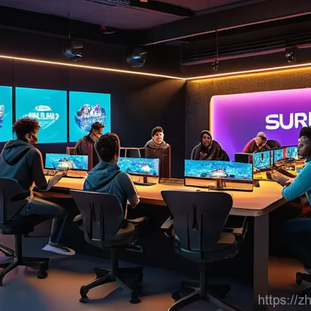 탕탕특공대 공식 커뮤니티 링크 - **"Vibrant Gaming Community Hub"**: A wide shot capturing a diverse group of 8-10 young adults and t...