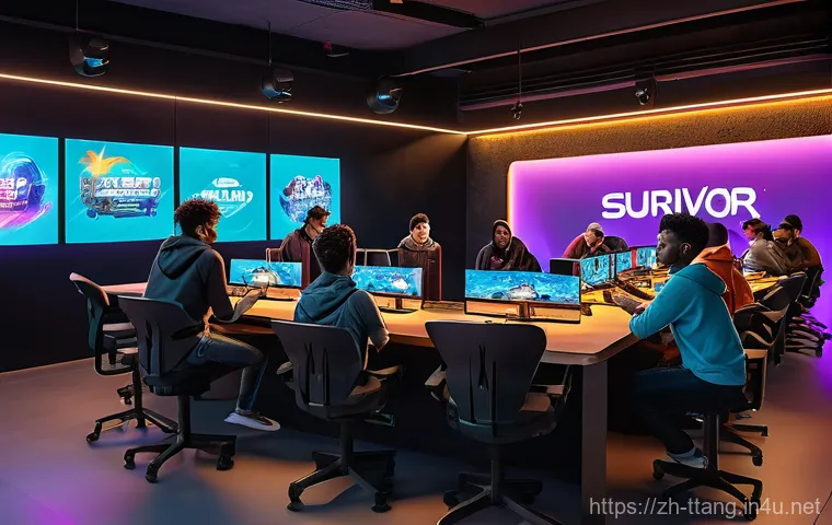 탕탕특공대 공식 커뮤니티 링크 - **"Vibrant Gaming Community Hub"**: A wide shot capturing a diverse group of 8-10 young adults and t...