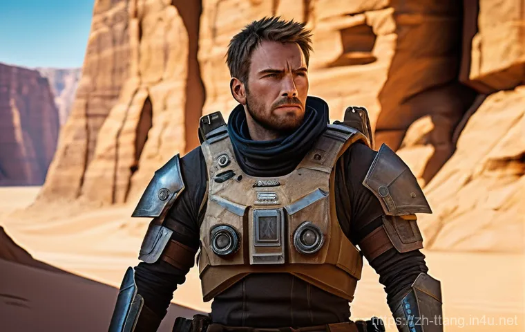 탕탕특공대 비밀 장소 발견법 - **Prompt: Desolate Desert Outpost Discovery**
    A lone, rugged adventurer, male, with short, pract...