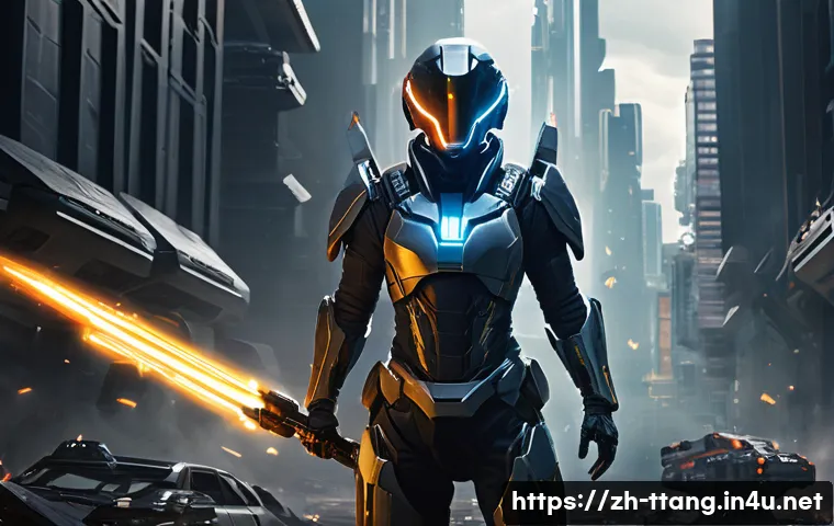 탕탕특공대 초보자를 위한 체크리스트 - **Prompt:** A dynamic, full-body shot of a heroic male or female character (wearing a sleek, futuris...