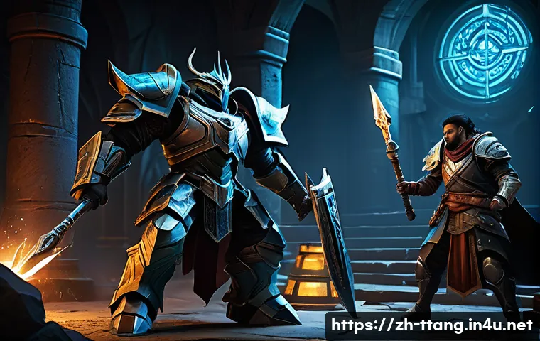 탕탕특공대 PvE와 PvP 전략 비교 - A dynamic PvE raid scene featuring a diverse team of fantasy characters in detailed armor and practi...