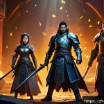 탕탕특공대 캐릭터 성장 전략 - A dynamic fantasy game scene featuring a diverse team of characters engaged in battle within a mysti...