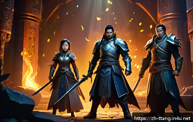 탕탕특공대 캐릭터 성장 전략 - A dynamic fantasy game scene featuring a diverse team of characters engaged in battle within a mysti...