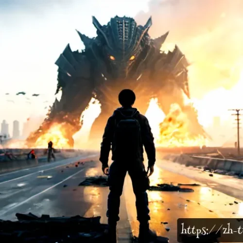 탕탕특공대 스토리 모드 엔딩 - Photorealistic cinematic final battle in a devastated futuristic city at dawn, a lone young survivor...