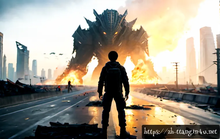 탕탕특공대 스토리 모드 엔딩 - Photorealistic cinematic final battle in a devastated futuristic city at dawn, a lone young survivor...